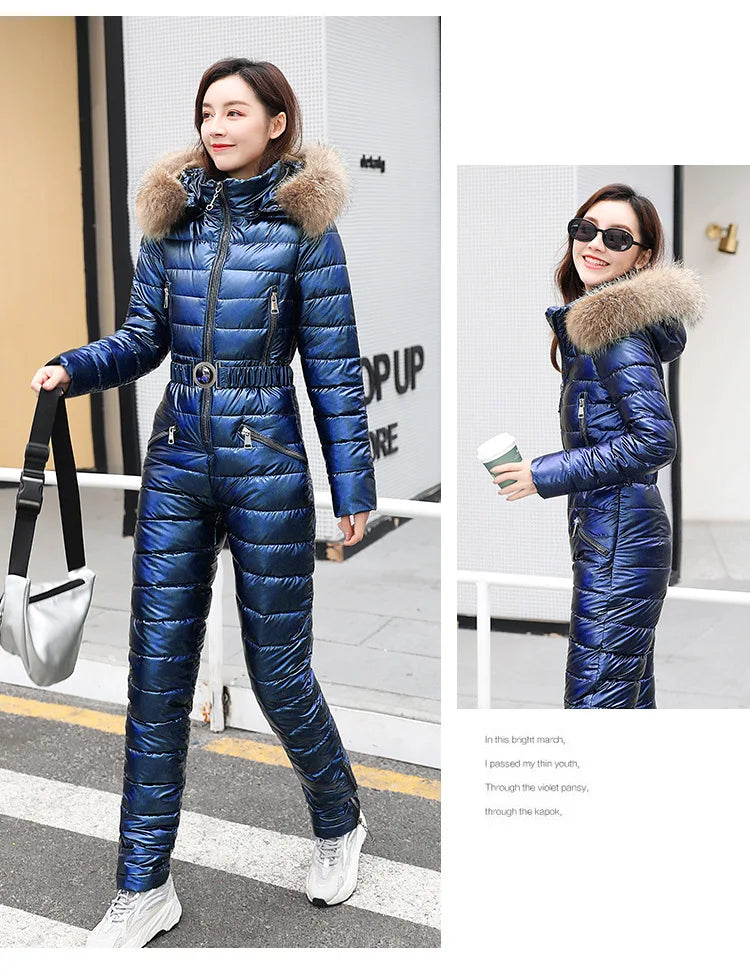 Jumpsuits One Piece Ski Suit Winter Thicken Snow Place Down Cotton Women Suits Warm Hooded Waist Slim Shiny Outdoor Sports