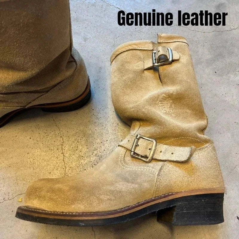 Dark Brown Suede Work Boots Men's and Women's Engineer Ort Shoes American Retro Moto Boots Faded Mid-Calf Shoes Motocross Boots