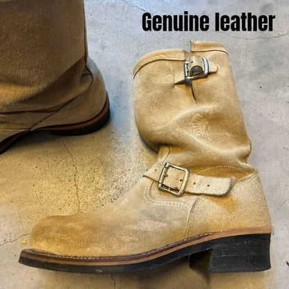 Dark Brown Suede Work Boots Men's and Women's Engineer Ort Shoes American Retro Moto Boots Faded Mid-Calf Shoes Motocross Boots