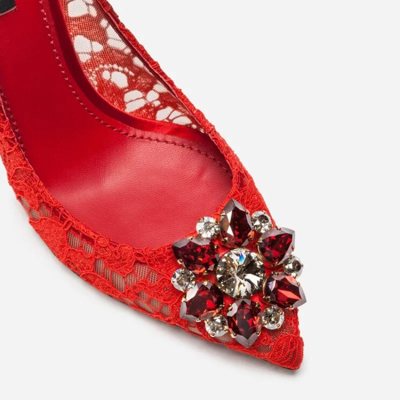Mesh lace high-heeled shallow mouth shoes 2026 new pointed crystal buckle slim heel fashionable banquet women's single shoes