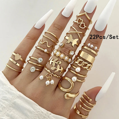 28Pcs Fashion Geometric Knuckle Rings Set For Women Crystal Heart Gold Silver Color Rings Girls  Party Jewelry Accessories