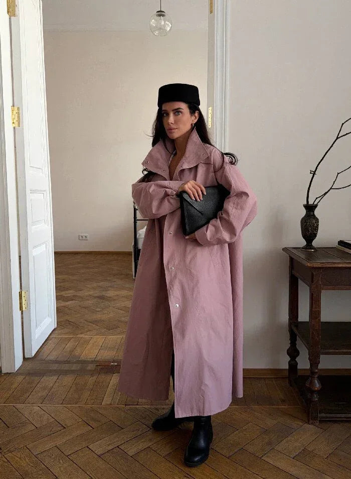 Casual Stand Collar Women Long Trench Coat Single-breasted Lantern Sleeves Pink Windbreaker Jacket Spring Fall Fashion Overcoat