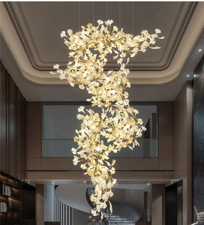 Ginkgo Leaves Loft Hanging Chandelier Light For High Ceiling Staircase Living Dining Room Modern White Porcelain Leaf Chandelier
