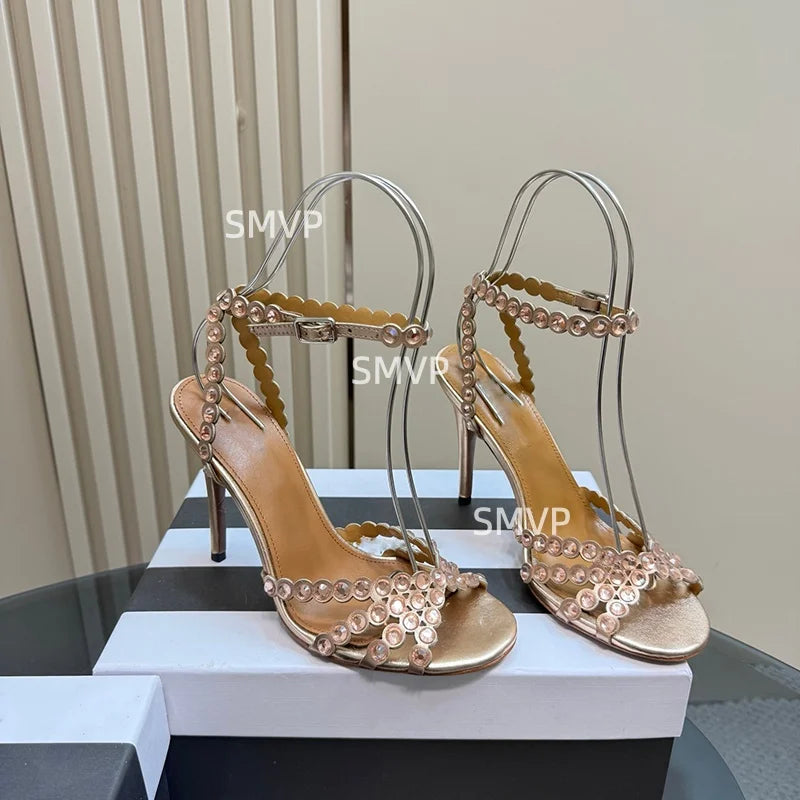 Women Crystal Rhinestone High Heel Sandals 2026 Summer New Toe Ankle Strap Thin Heels Transparent Silver Party Wedding Shoes