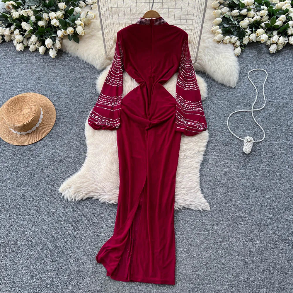 Chic vintage rhinestone slim long sleeve Elegant Fairy korean fashion autumn Sundress women clothing