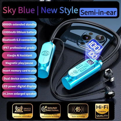 Earphones 12000mAh In-ear/Semi-in-ear Bluetooth Headset Magnetic Switch Pause Play Neck Hanging Dual Device Connection Earbuds