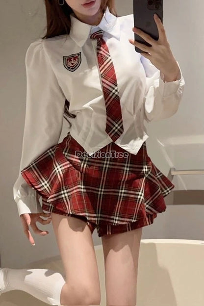 2025 improved cute sexy korea jk suit women autumn jk school uniform women shirt plaid pleated half skirt fashion two-piece set