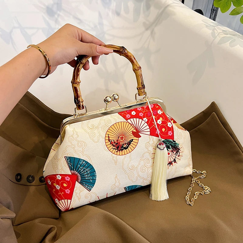 Designer Bamboo Handle Handbag Retro Embroidery Women Evening Bag High-end Nylon Crossbody Bag Luxury Lady Shoulder Bags Satchel