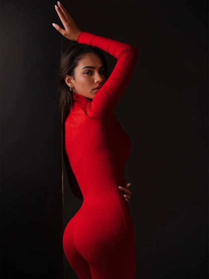 New 2026 Motorcycle Suit Jumpsuit Women Solid Turtleneck Zipper Slim Stretchy Long Sleeve Pencil Pants Rompers Moto Biker 65012