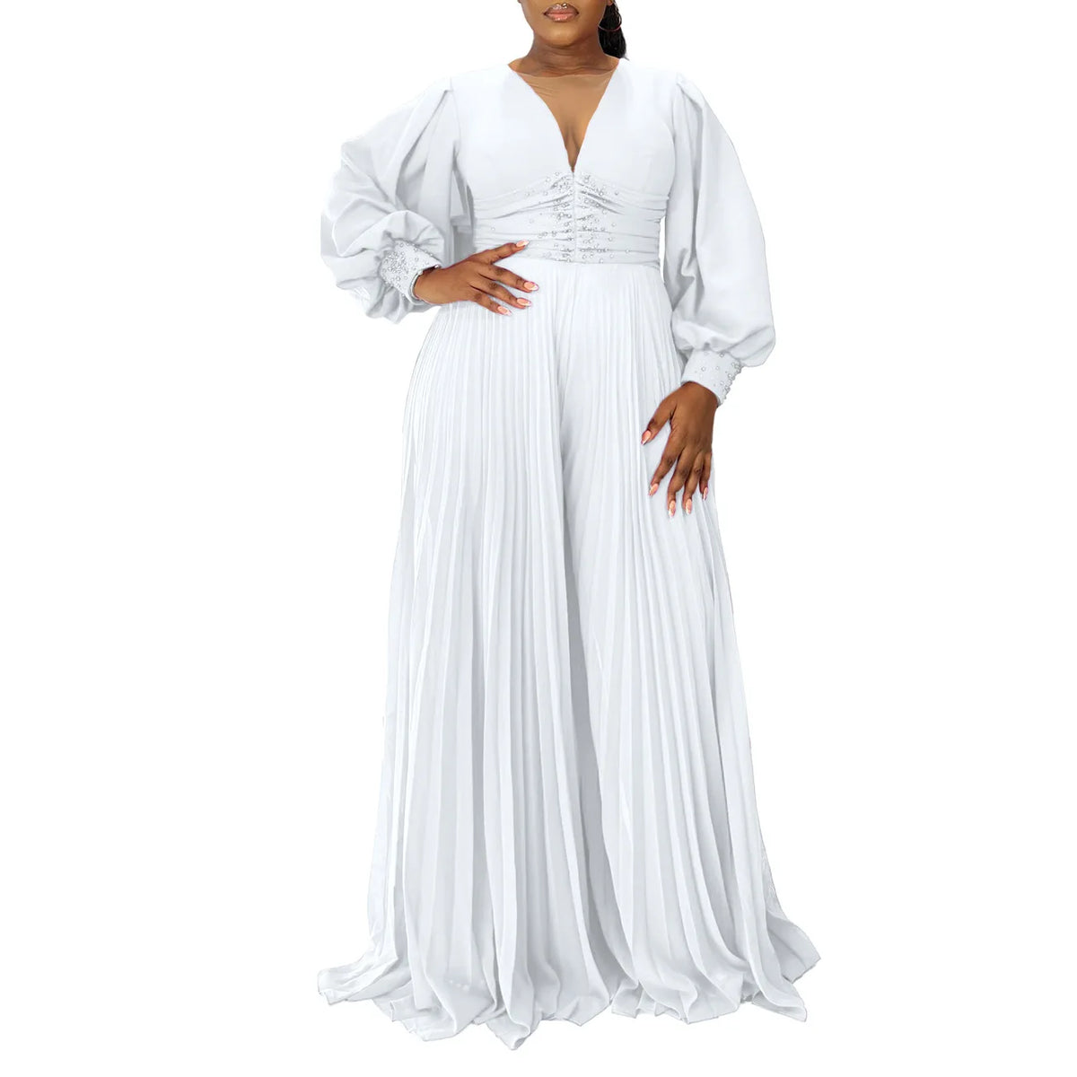 CM.YAYA Women Diamonds Long Sleeve Pleated V-neck Wide Leg Long Jumpsuits Party Beach Fashion Street Sexy Africa Outfit Rompers