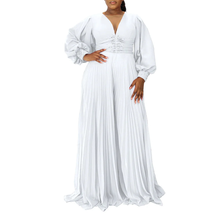 CM.YAYA Women Diamonds Long Sleeve Pleated V-neck Wide Leg Long Jumpsuits Party Beach Fashion Street Sexy Africa Outfit Rompers