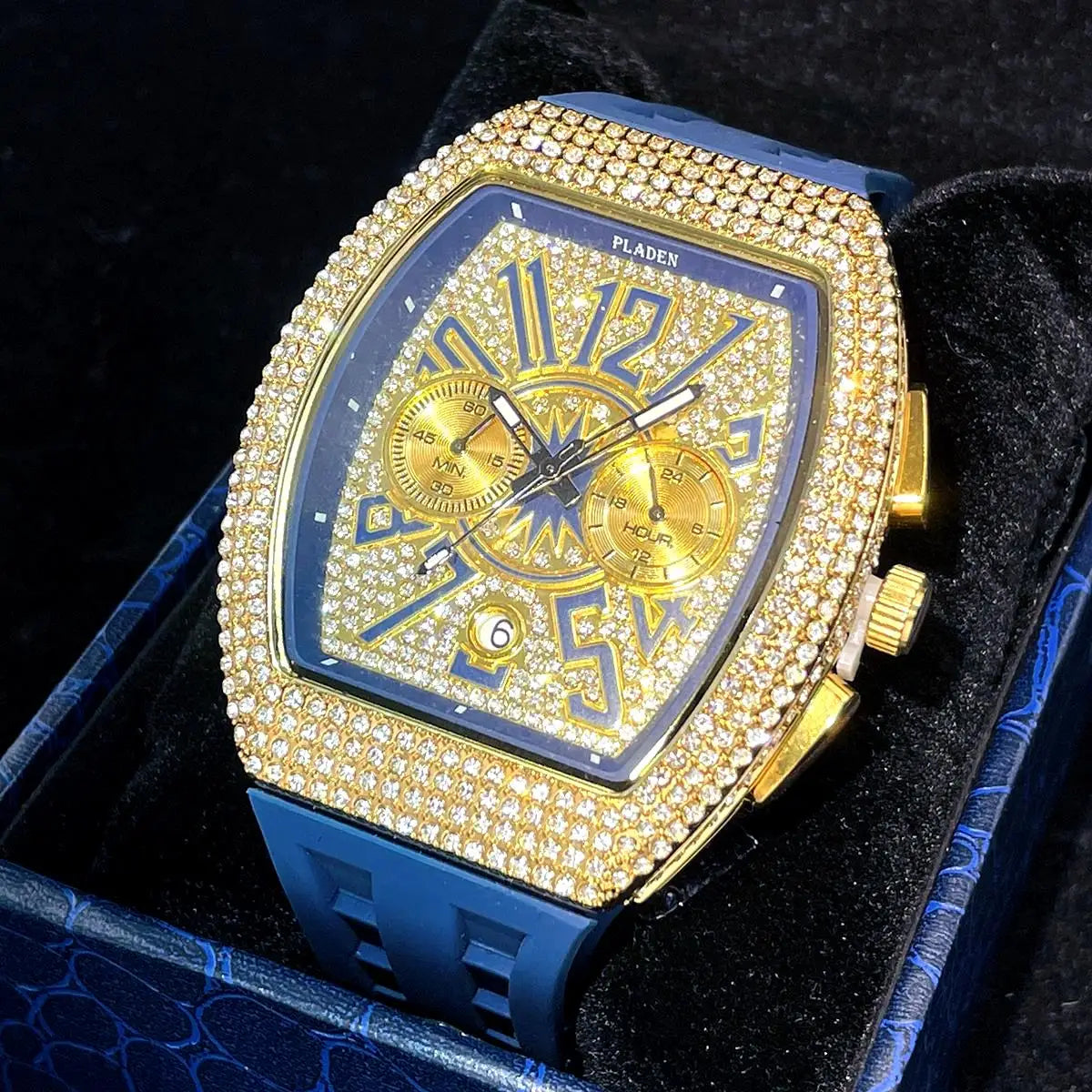 PLADEN Fashion Iced Out Watches Men Casual Blue Silicone Strap Quartz Wristwatch Man's Luxury Diamond Bling Tonneau Clocks 2026