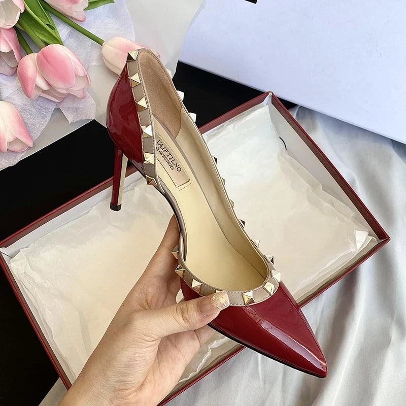 Luxury Brand Women's Shoes Woman Sandals Summer Rivets High Heels Side Empty Female Leather Fashion Prom Ladies Shoes Women 2026