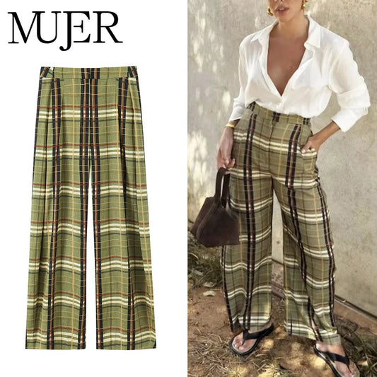 MUJER Plaid Baggy Pants Woman Casual Wide Leg Pants for Women Mid Waist Oversize Women's Pants Vintage Pleated Trousers Womens