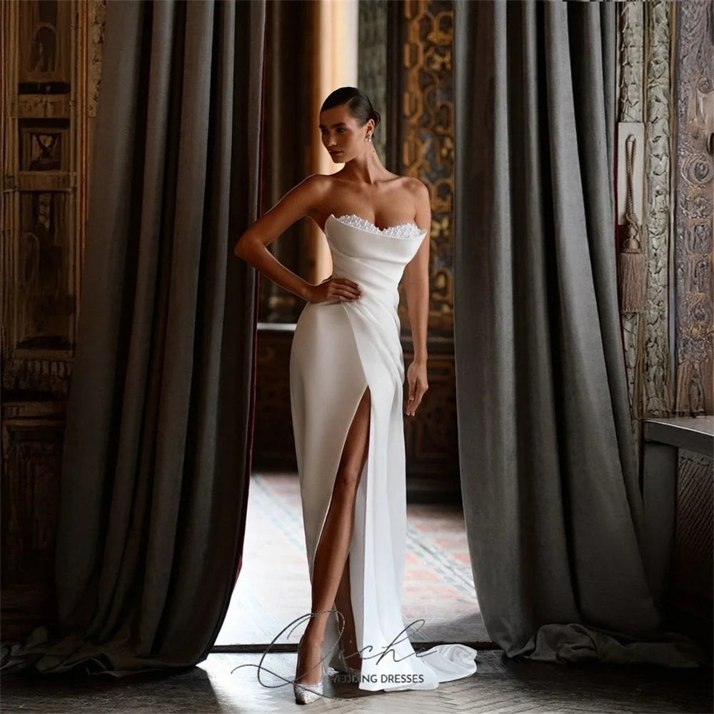 QICHE Modern Beading Pearls Off The Shoulder Mermaid Wedding Dresses High Side Slit Pleat Open Back Vestidos De Novia Customized
