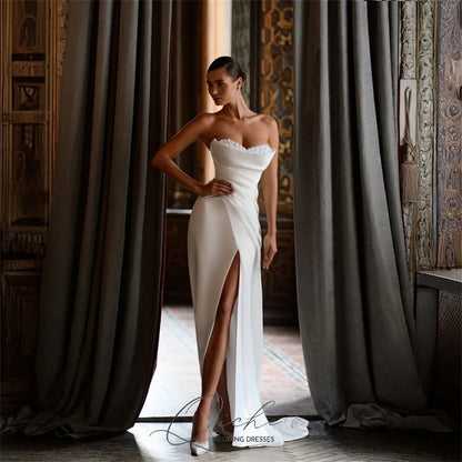 QICHE Modern Beading Pearls Off The Shoulder Mermaid Wedding Dresses High Side Slit Pleat Open Back Vestidos De Novia Customized