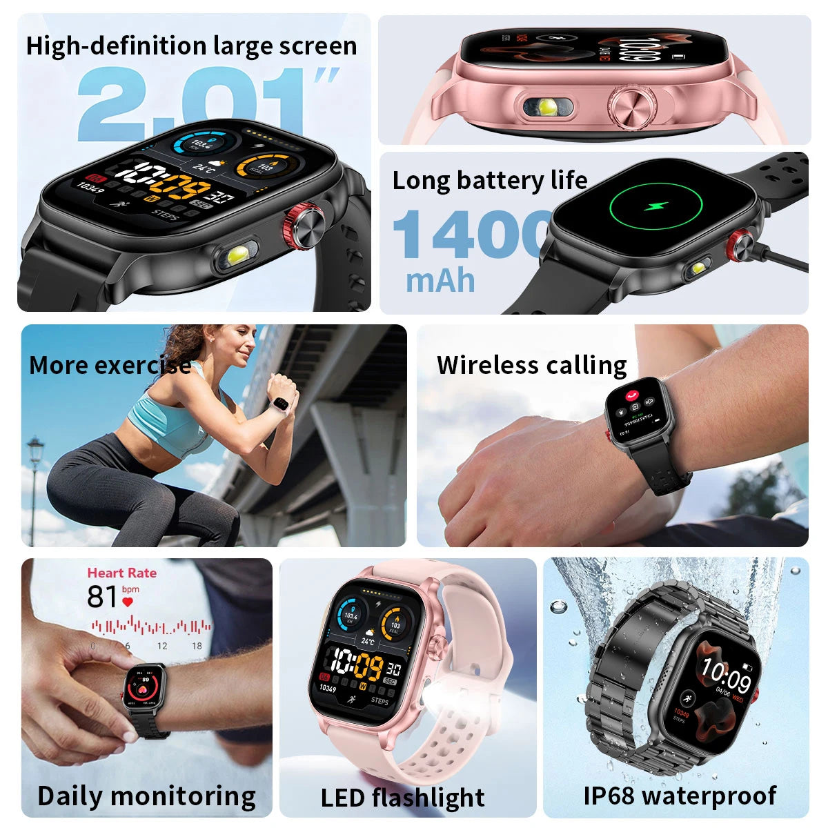 LIGE 2026 New Built-in 1400mAh Super Large Battery Women Men Smart Watch Outdoor 2.01" Screen IP68 Waterproof BT Call Smartwatch
