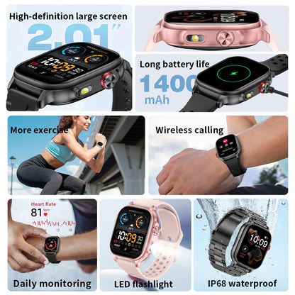 LIGE 2026 New Built-in 1400mAh Super Large Battery Women Men Smart Watch Outdoor 2.01" Screen IP68 Waterproof BT Call Smartwatch