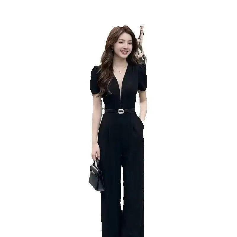 Lazy Style Slimming Short Sleeved Jumpsuit For Women 2026 Summer New Fashion French V-neck Versatile trend Long Women's Rompers