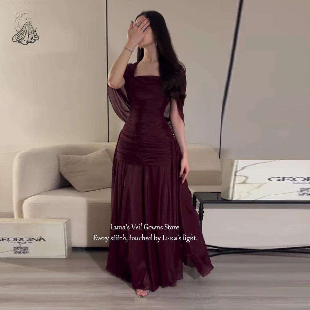 LunaV Square Neck Cape Sleeve Elegant Evening Dress Ruched Chic Robes De Soirée Glam Mermaid Floor Length Prom Dress Custom