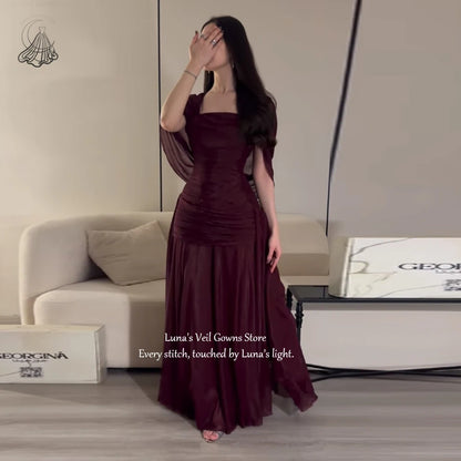 LunaV Square Neck Cape Sleeve Elegant Evening Dress Ruched Chic Robes De Soirée Glam Mermaid Floor Length Prom Dress Custom