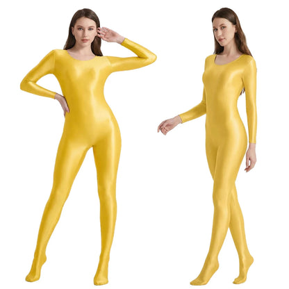 Women's Smooth Glossy High-Elastic Round Neck One Piece Catsuit Long Sleeve Zentai Jumpsuits Cosplay Performance Tights Bodysuit