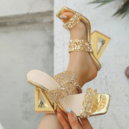 Luxury Women's Shoes Summer Rhinestone Sequins High Heels Wearing One Shoes for Women Elegant Women Sandals Sandalias De Mujer
