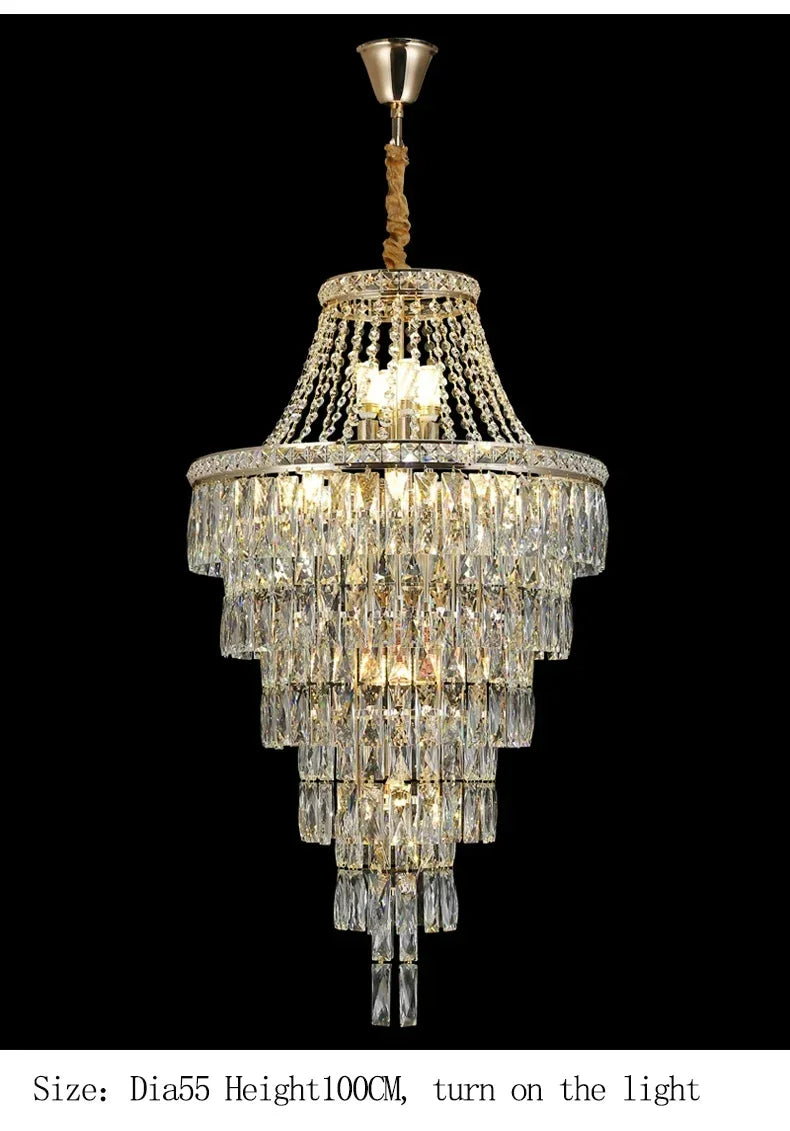 Large Ceiling Long Crystal Chandelier Hotel Lobby Living Room Luxurious Multi Story Staircase Light Golden Stainless Steel Light