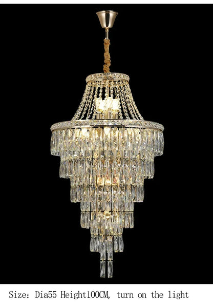 Large Ceiling Long Crystal Chandelier Hotel Lobby Living Room Luxurious Multi Story Staircase Light Golden Stainless Steel Light
