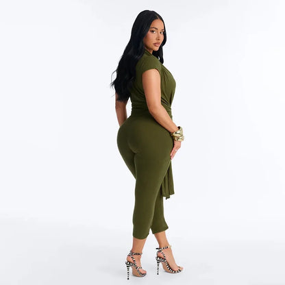 Women Solid Halter Jumpsuit, Deep V Neck Sash Tie Draped Bodycon Capri Jumpsuits, Slim Rompers for Night Club Party