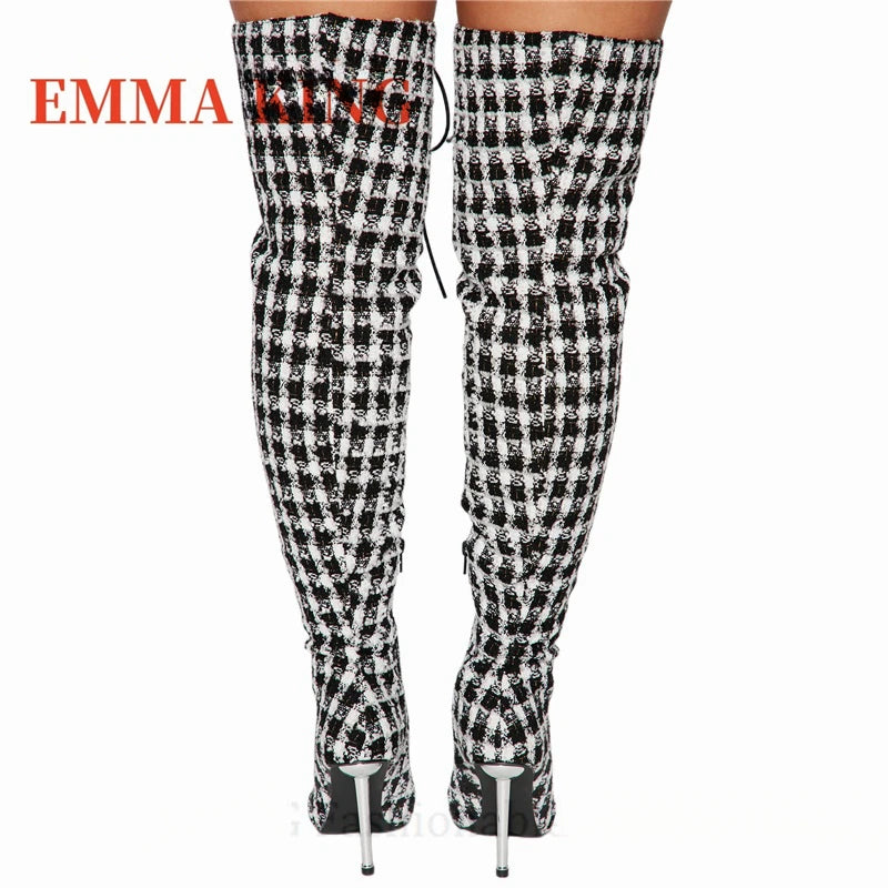 Women Plaid Lace Up Boots Sexy Pointy Toe Stiletto Heel Long Boots Ladies Fashion Footwear Non- Stretch Fabric Botas De Mujer 44