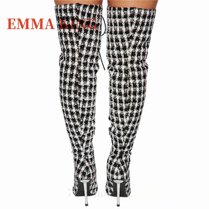Women Plaid Lace Up Boots Sexy Pointy Toe Stiletto Heel Long Boots Ladies Fashion Footwear Non- Stretch Fabric Botas De Mujer 44