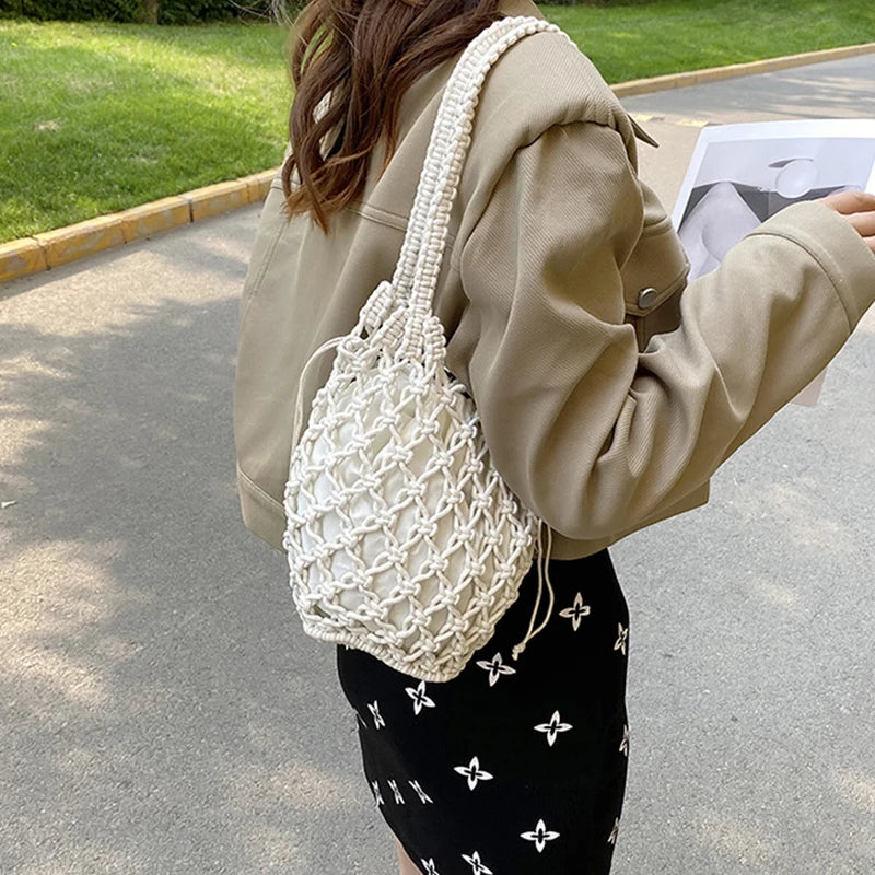 Summer Beach Bag For Women Mesh Rope Knitted Bucket Shoulder Bags  Reticulate Hollow Travel Shopper Totes Ladies Fashion Handbag