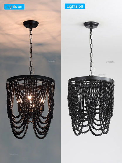 Black French Country Chandelier Large Hanging Lights Dia60 H65cm Living Room Boho Wood Bead Chandelier For Bedroom Dining Room