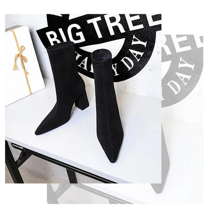 BIGTREE Shoes High Heel Boots Suede Women Ankle Boots Pointed Toe Socks Boots Thick Heel Women Shoes Warm Winter Boots Size 43