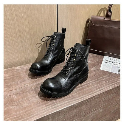 Fashion Cow Genuine Leather Motorcycle Boots Brogue Shoes Retro High Big Head Men's Mid-calf Chelsea Boots For Men Brown