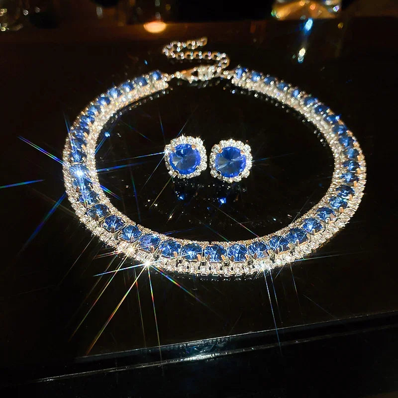 FYUAN Luxury Crystal Necklace Earrings Set Pink ABcolourful Necklace for Women Weddings Party Jewelry Sets Accessories