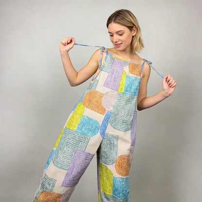 2026 Summer Women's Sleeveless Jumpsuit – Color Block Geometric Print, Spaghetti Strap, Wide-Leg Loose Vacation Romper