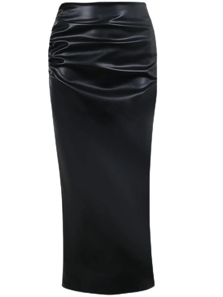 Lautaro-Women's Soft Stretchy PU Leather Ruched Pencil Skirt, High Waist Office Wear, Black, Luxury, Elegant, 2024