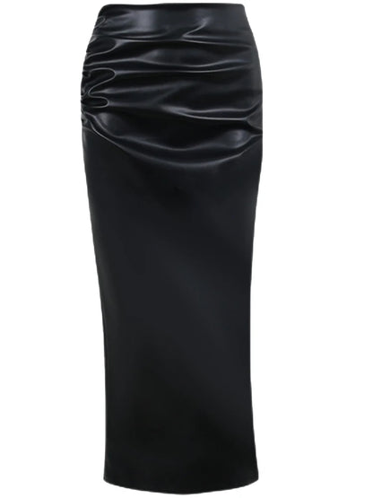 Lautaro-Women's Soft Stretchy PU Leather Ruched Pencil Skirt, High Waist Office Wear, Black, Luxury, Elegant, 2024