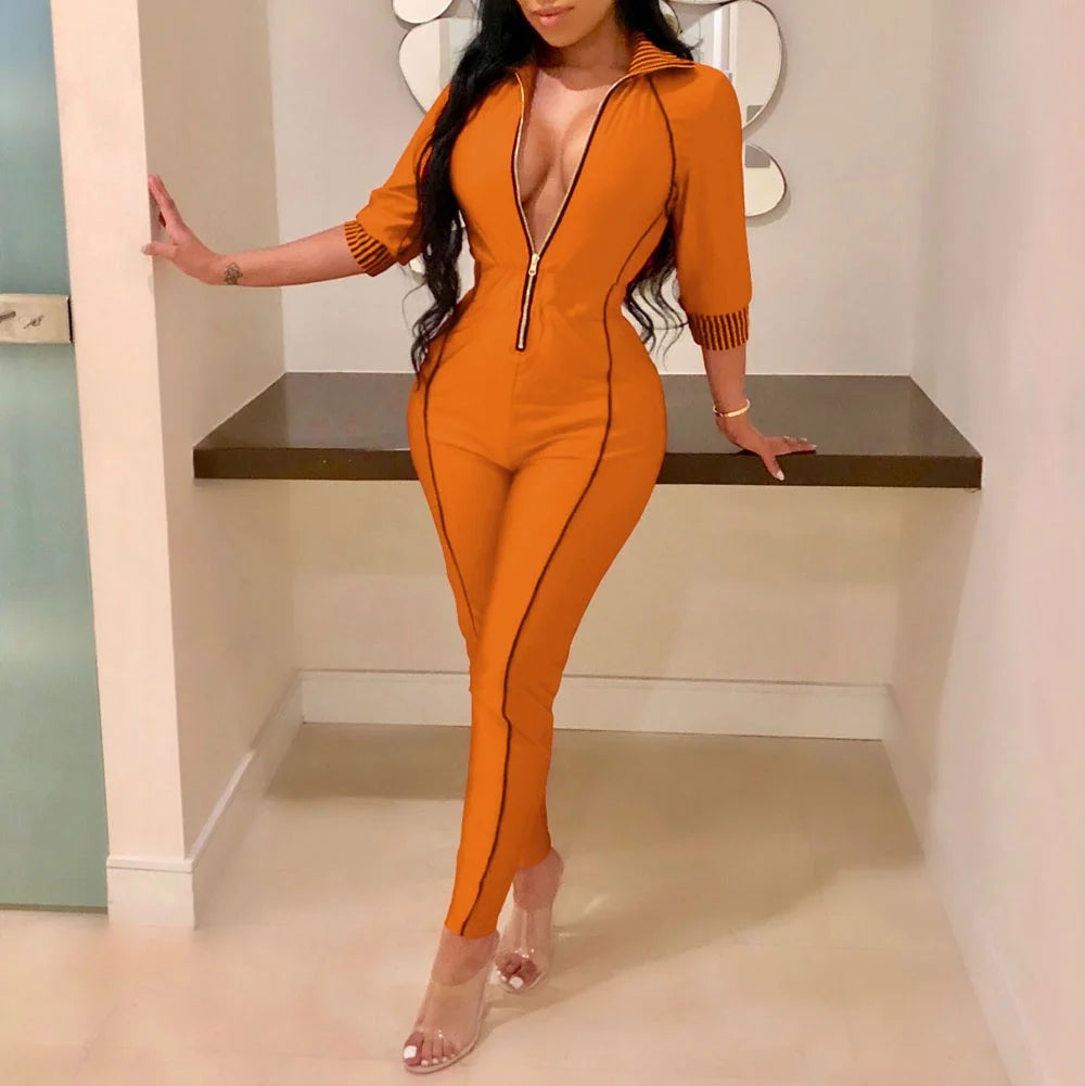 Sexy Front Zipper Casual Jumpsuit Rompers for Women Turtleneck Long Sleeve Skinny Fitness Overalls Grey One Piece Outfits Female