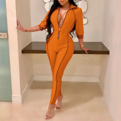 Sexy Front Zipper Casual Jumpsuit Rompers for Women Turtleneck Long Sleeve Skinny Fitness Overalls Grey One Piece Outfits Female