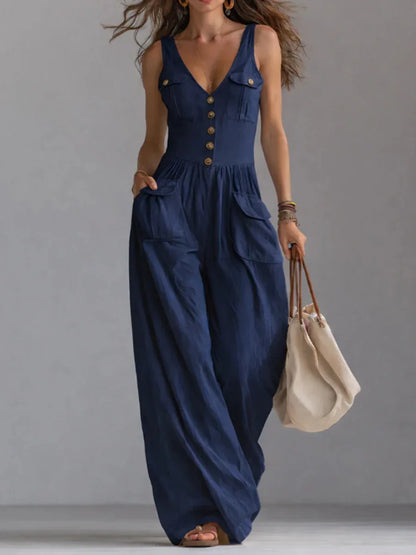Sleeveless Women's Jumpsuit Featuring V-Neck, Button Decor, Wide-Leg Design and Pockets, Perfect for Casual Summer Beach Outings