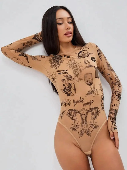 Skin Color Unique Design Sense Pattern Printed Round Neck Slim Fit Sexy Spring Autumn Long Sleeved Tight Fitting Bodysuit Womens