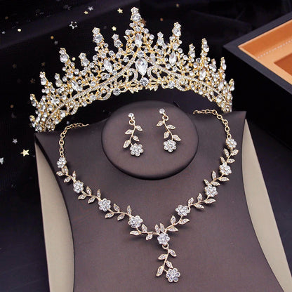 Elegant Silver Color Crystal Bridal Jewelry Sets Princess Tiara Crown and Necklace Earrings Sets for Bridal Wedding Prom Gifts