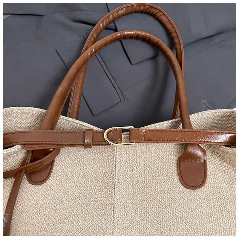 CLAREGQI  Women's Large Capacity Canvas Tote Bag, Leather Handle Shoulder Underarm Bag, Versatile Casual Commuter & Travel Handb