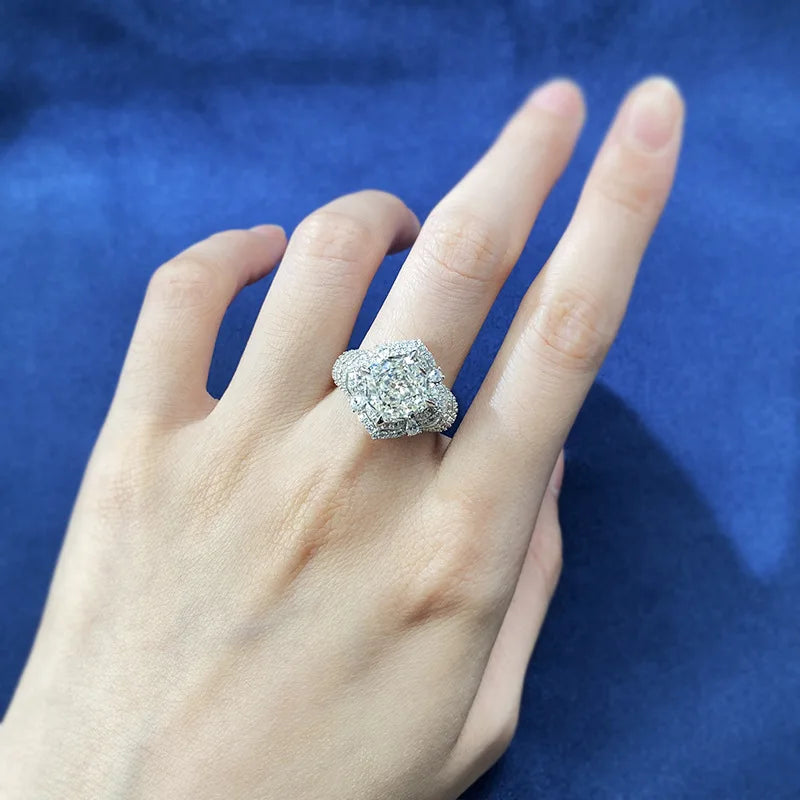 Luxury 18K white Solid Platinum PT950 certifid10*10 moissanite white cushion ring exquisite wedding ring precious jewelry