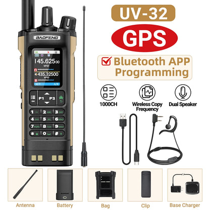 BAOFENG UV-32 Walkie Talkie GPS Multi Band 10W Bluetooth Wireless Programming Copy Frequency 1000CH Long Range Ham Two Way Radio