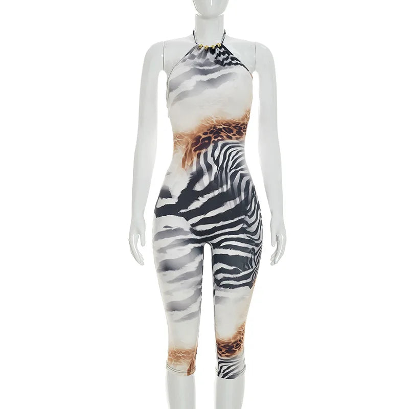 FLARORA Sexy Zebra Stripe Print Jumpsuits Woman Halter Sleeveless Backless Skinny Peach Hip Playsuits Hot Girl Street Overalls