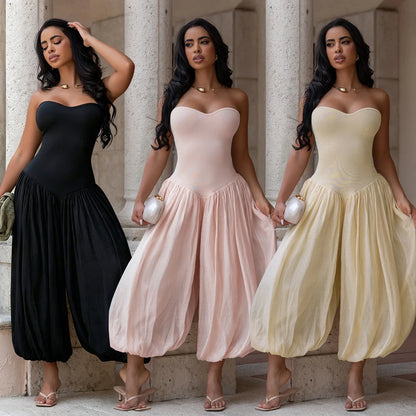 Summer Patchwork Cute and Sweet Pink Strapless Jumpsuits Midi Pants One Piece Rompers Slim Fit Women Ruched Party Jumpsuit